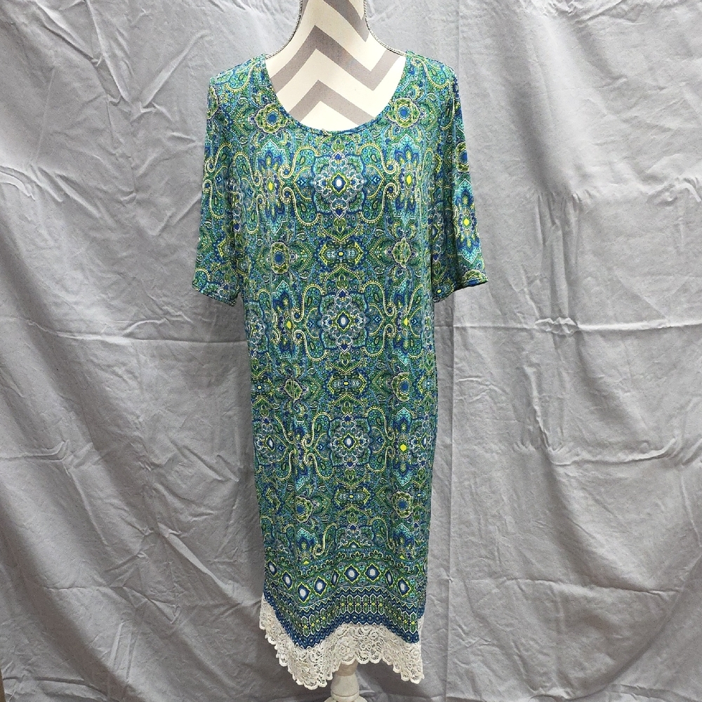 Green Paisley Dress with Lace Hem. Hippie Boho Style Dress